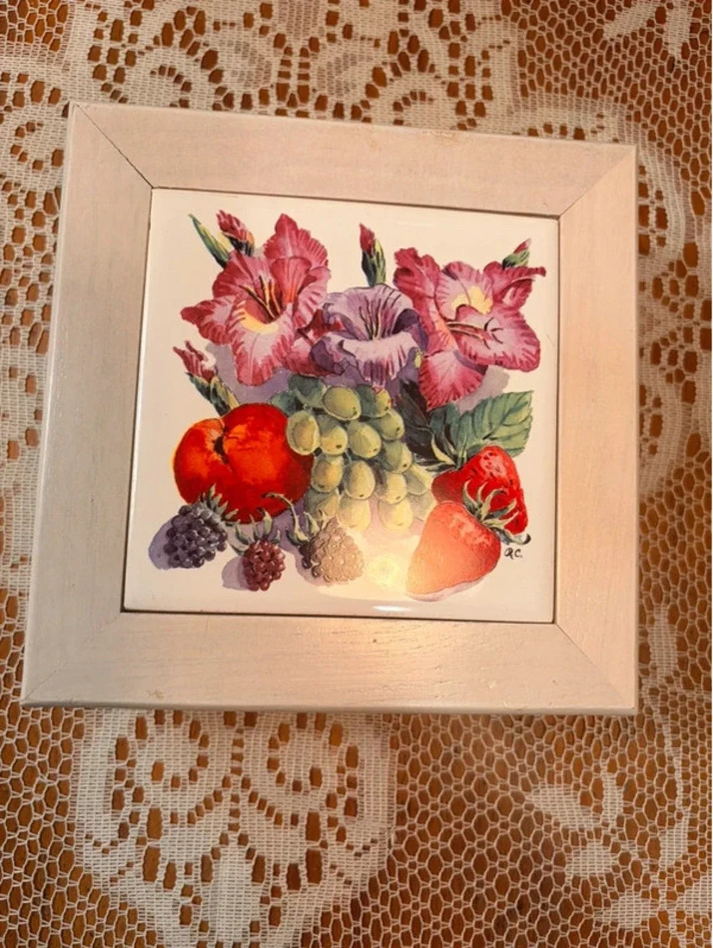 Floral Fruit Tile Wood Jewelry Box Pink Lined Cottage Decor